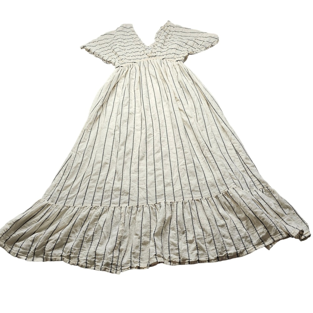 World Market Striped Maxi Dress Womens L/XL Cream Black Boho V-Neck Ruffle Hem